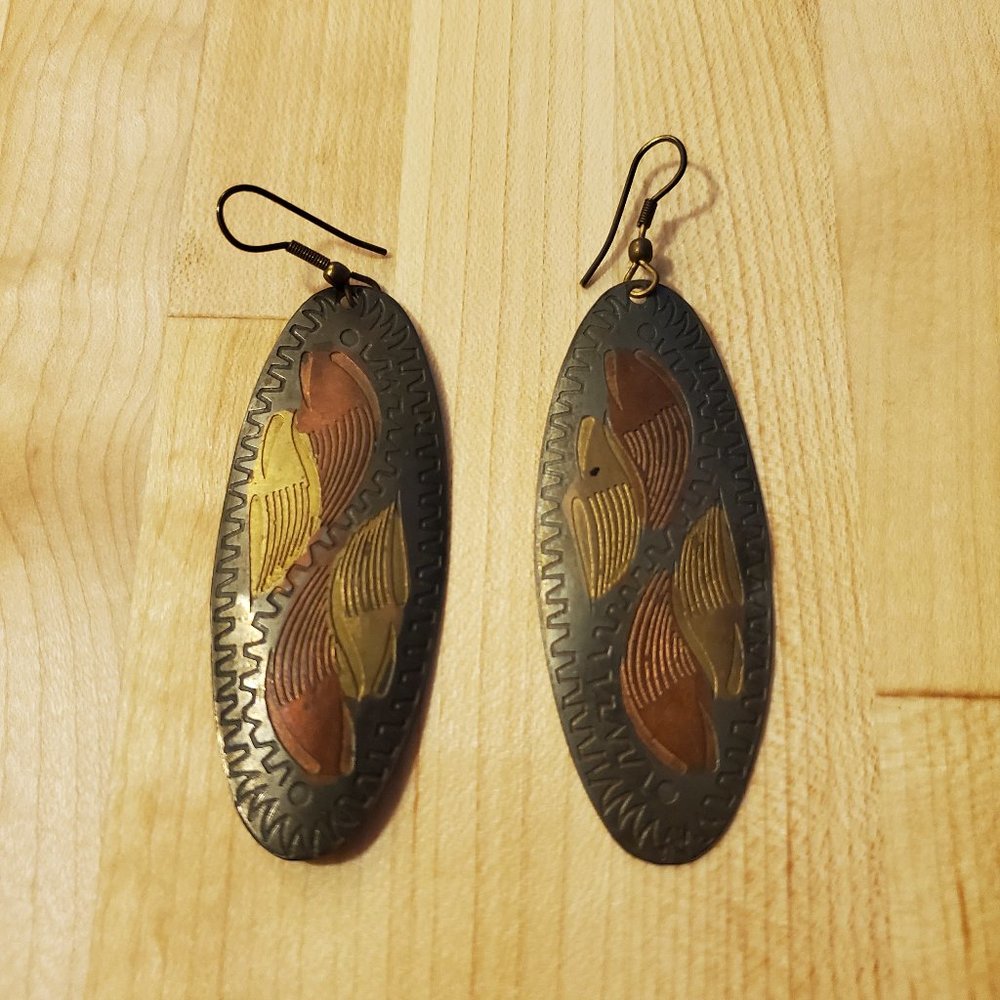 Angel Wing Native Stamped Oval Metal Earrings